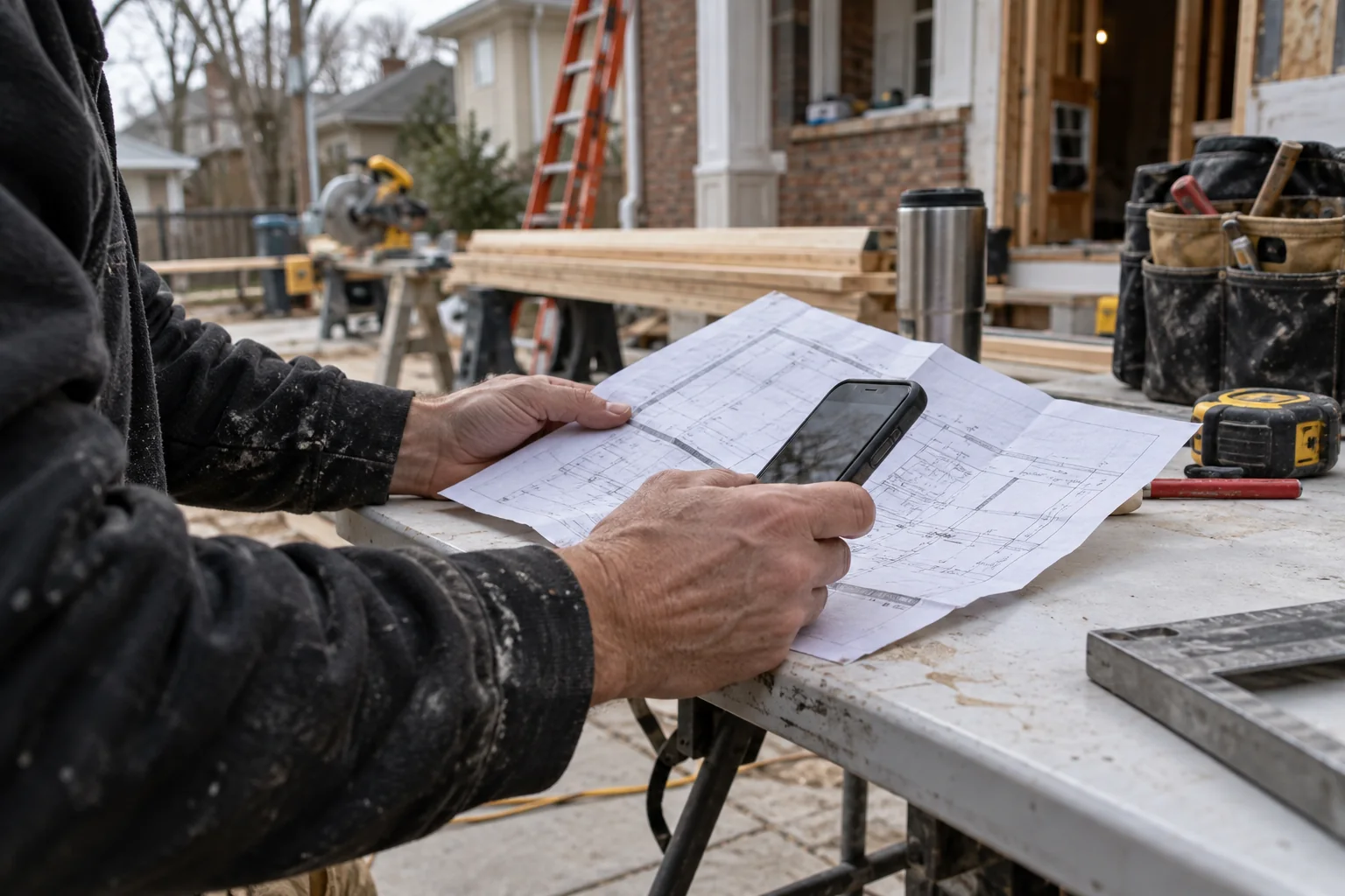 A contractor’s hands checking a paper work order at a home service jobsite